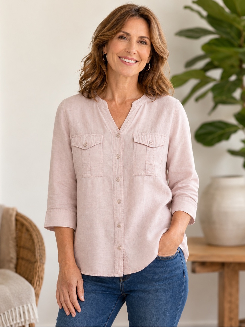 Orvis 100% Linen Pink Button Front Shirt 3/4 Sleeve Coastal Size M